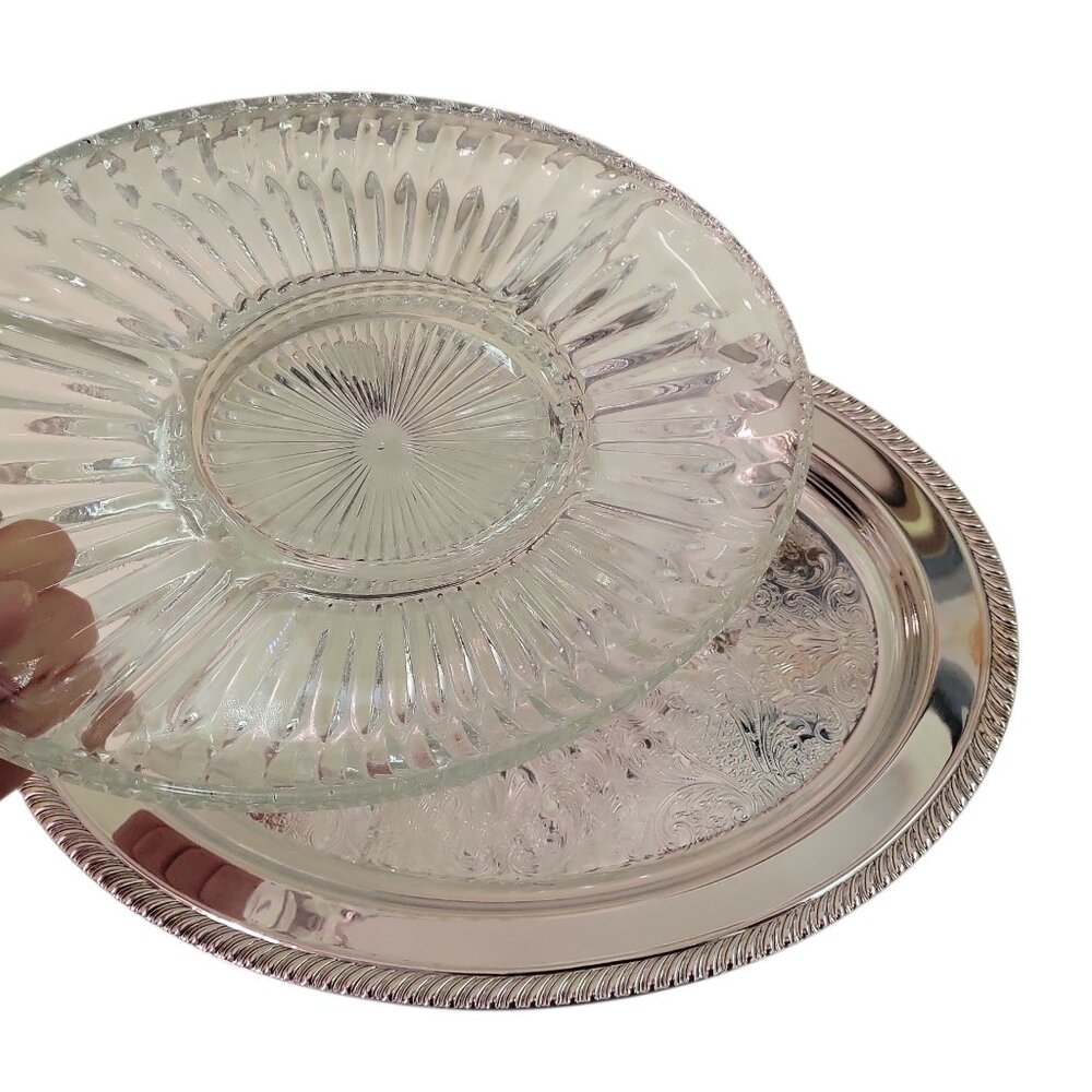 Vintage F.B. Rogers Glass & Silver Plated 2pc Condiment 5 Section Tray 16x12" - Picture 6 of 6